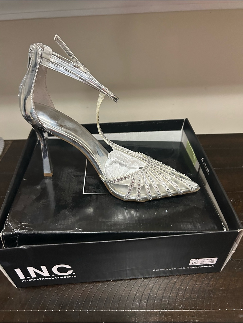 INC International Concepts Silver Rhinestone Pointed Toe Ankle Strap Heel